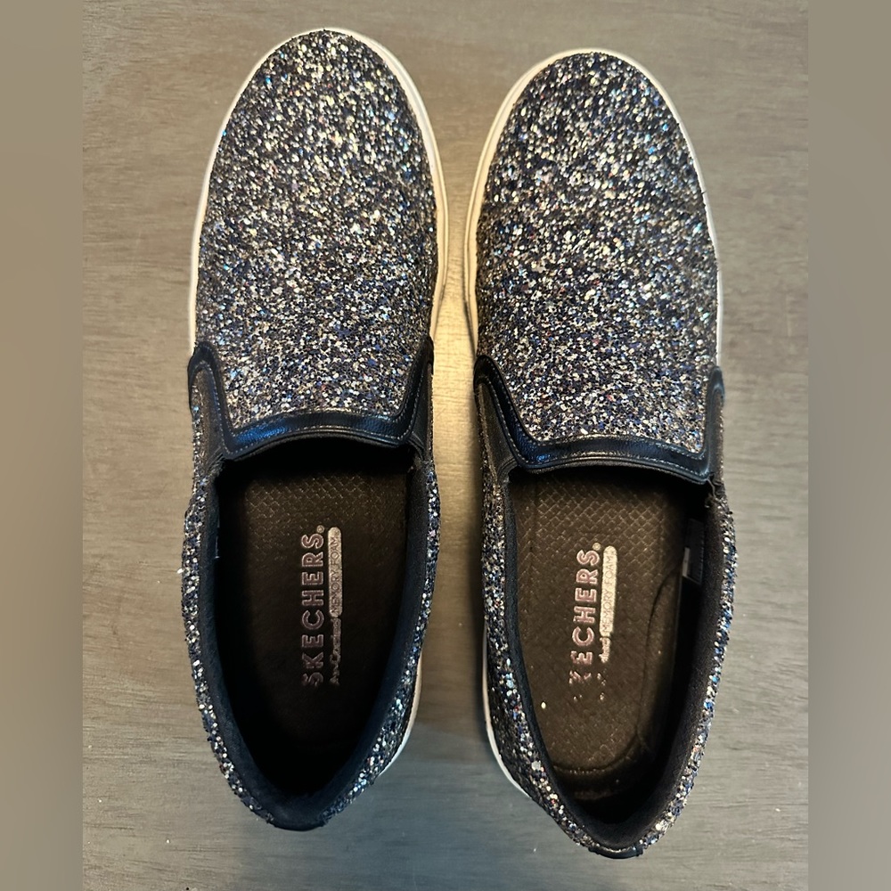 Black sparkly Sketcher slip-ons